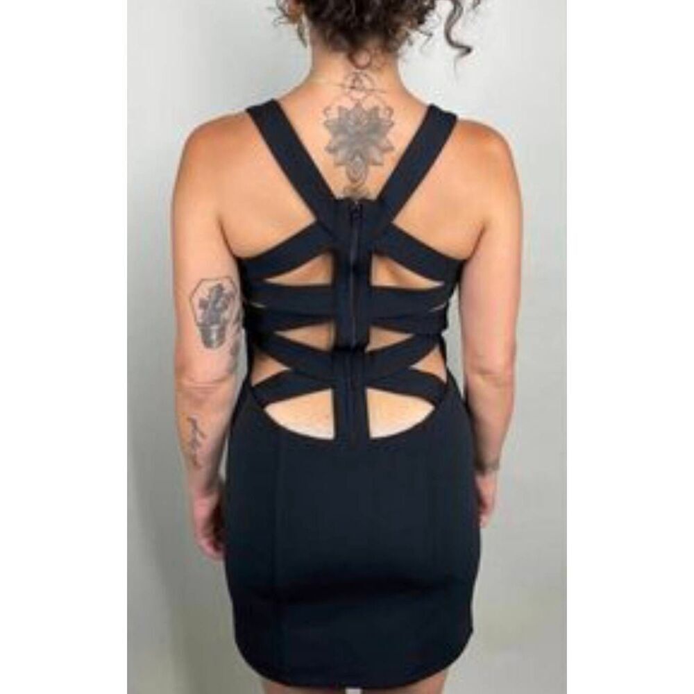 Frederick's of Hollywood Vintage Y2K Black Strappy Bodycon Mini Dress Rave Goth
